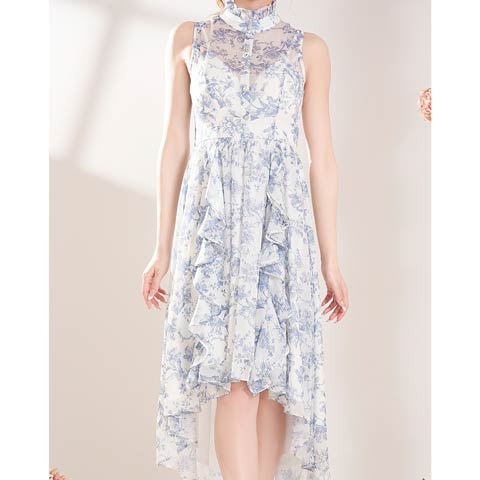 3/12新作![an]ハイネックフラワーフィッシュテールフリルAラインロング丈キャバドレス[AOC-4091](ブルー-Sサイズ)