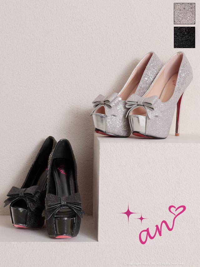 3/12新作![an]グリッタースパンコールリボンオープントゥパンプス[AOC-SH054]
