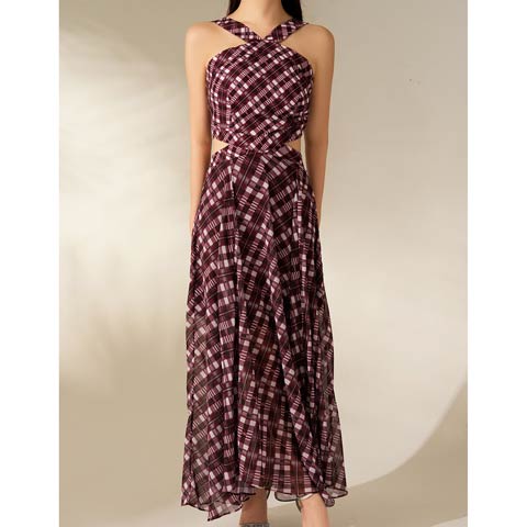 3/26新作!【今だけポイント20倍】[Andy]ホルターネックチェックカットアウトAラインロング丈キャバドレス[AN-ON3041](ワインレッド-XSサイズ)