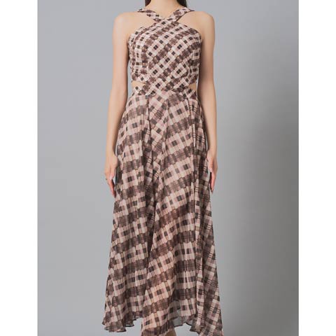 3/26新作!【今だけポイント20倍】[Andy]ホルターネックチェックカットアウトAラインロング丈キャバドレス[AN-ON3041](ブラウン-XSサイズ)