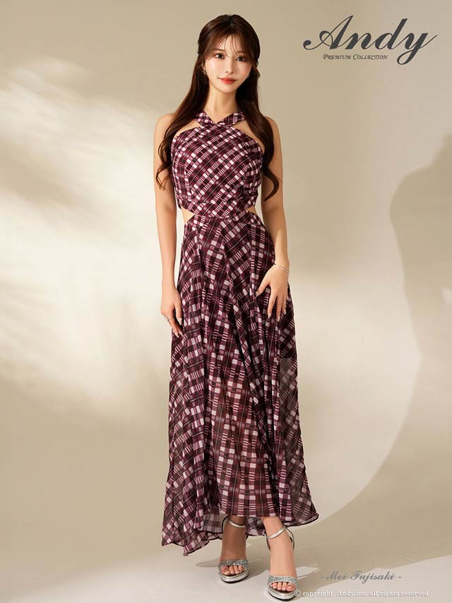 3/26新作!【今だけポイント20倍】[Andy]ホルターネックチェックカットアウトAラインロング丈キャバドレス[AN-ON3041]