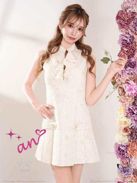 3/26新作!【今だけポイント20倍】[an]ハイネックラッフルフリルプリーツAラインミニ丈キャバドレス[AOC-4073]