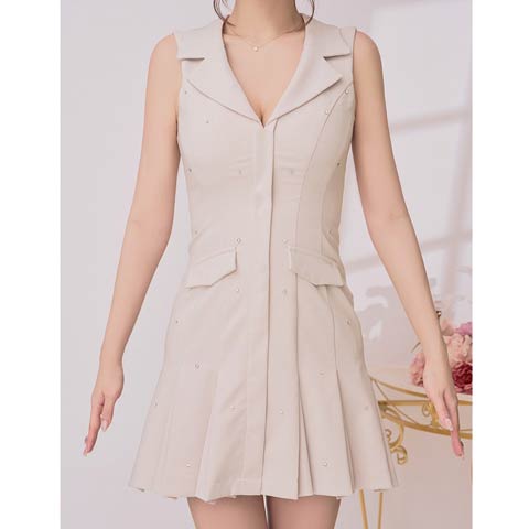 3/26新作!【今だけポイント20倍】[an]ワンカラーテーラードビジュープリーツAラインミニ丈キャバドレス[AOC-4098](ベージュ-Sサイズ)