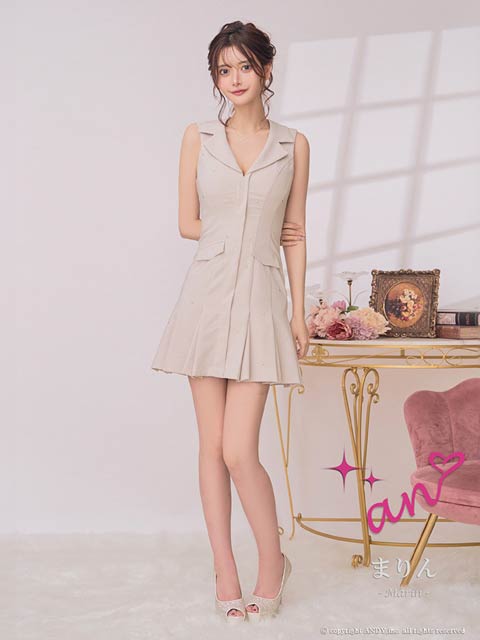 3/26新作!【今だけポイント20倍】[an]ワンカラーテーラードビジュープリーツAラインミニ丈キャバドレス[AOC-4098]