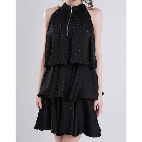 3/26新作!【今だけポイント20倍】[an]ラメファスナーホルターネックティアードAラインミニ丈キャバドレス[AOC-4100](ブラック-Sサイズ)