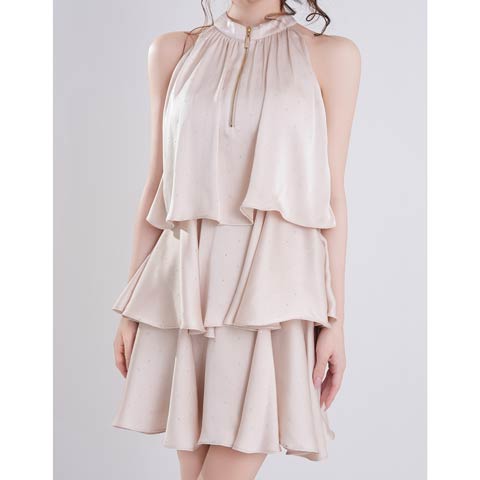 3/26新作!【今だけポイント20倍】[an]ラメファスナーホルターネックティアードAラインミニ丈キャバドレス[AOC-4100](ベージュ-Sサイズ)