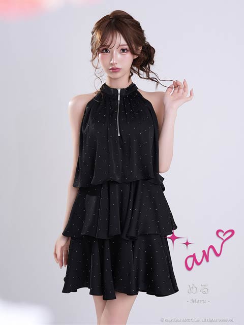 3/26新作!【今だけポイント20倍】[an]ラメファスナーホルターネックティアードAラインミニ丈キャバドレス[AOC-4100]