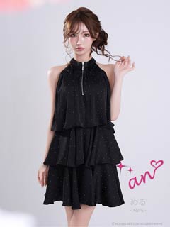 3/26新作!【今だけポイント20倍】[an]ラメファスナーホルターネックティアードAラインミニ丈キャバドレス[AOC-4100]