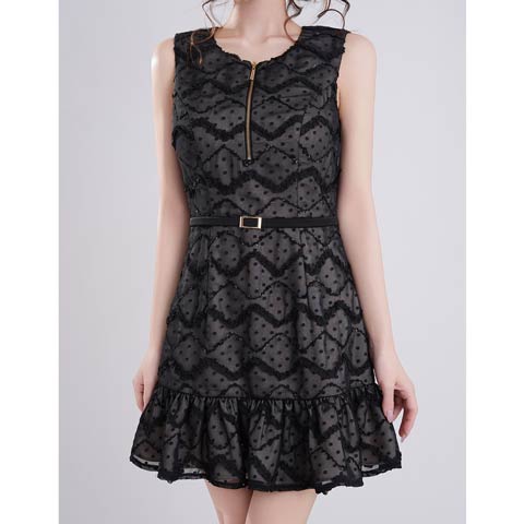 3/26新作!【今だけポイント20倍】[an]ファスナーシフォンドットチェックAラインミニ丈キャバドレス[AOC-4099](ブラック-XSサイズ)