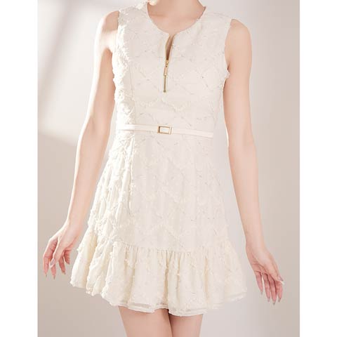 3/26新作!【今だけポイント20倍】[an]ファスナーシフォンドットチェックAラインミニ丈キャバドレス[AOC-4099](アイボリー-XSサイズ)