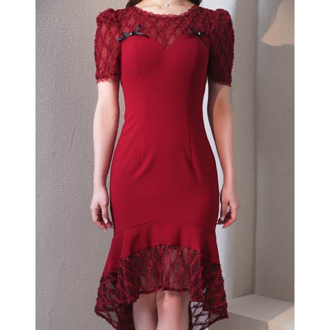 3/26新作!【今だけポイント20倍】[Andy]シアーレースチェックリボンフィッシュテール膝丈丈キャバドレス[AN-ON3012](ワインレッド-Sサイズ)