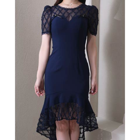 3/26新作!【今だけポイント20倍】[Andy]シアーレースチェックリボンフィッシュテール膝丈丈キャバドレス[AN-ON3012](ネイビー-Sサイズ)