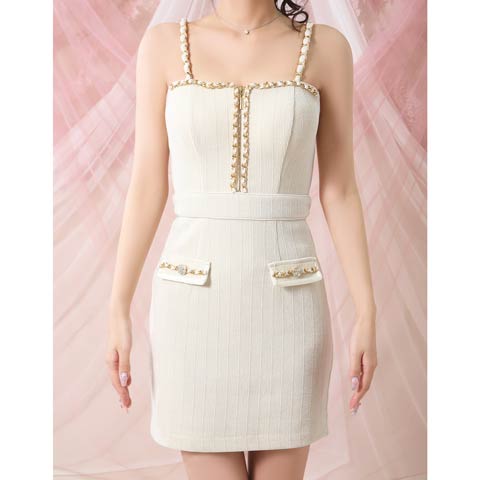 3/26新作!【今だけポイント20倍】[an]キャミソールゴールドチェーンフロントジップタイトミニ丈キャバドレス[AOC-3982](アイボリー-Sサイズ)