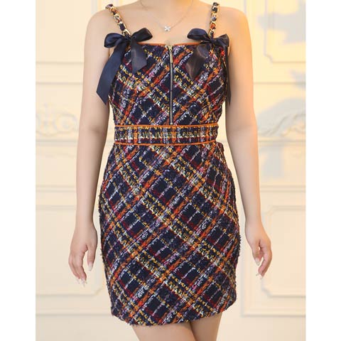 3/26新作!【今だけポイント20倍】[an]チェックツイードキャミソールリボンフロントジップタイトミニ丈キャバドレス[AOC-4013](ネイビー-Sサイズ)