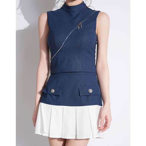 3/26新作!【今だけポイント20倍】[an]ノースリーブフロントジップバイカラープリーツAラインミニ丈セットアップ[AOC-4080](インディゴ-Sサイズ)