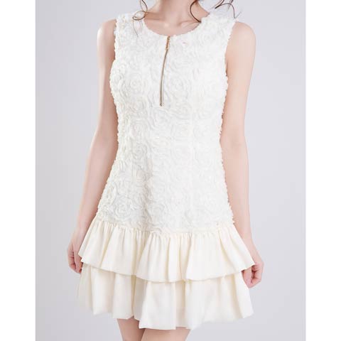 3/26新作!【今だけポイント20倍】[an]フラワーレースフロントジップティアードフリルAラインミニ丈キャバドレス[AOC-4086](アイボリー-XSサイズ)