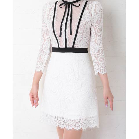 4/2新作!【ポイント20倍】[Andy]ハイネックシアーレースボウタイリボン七分袖タイトミニ丈キャバドレス[AN-OK2631](ホワイト×ブラック-Sサイズ)
