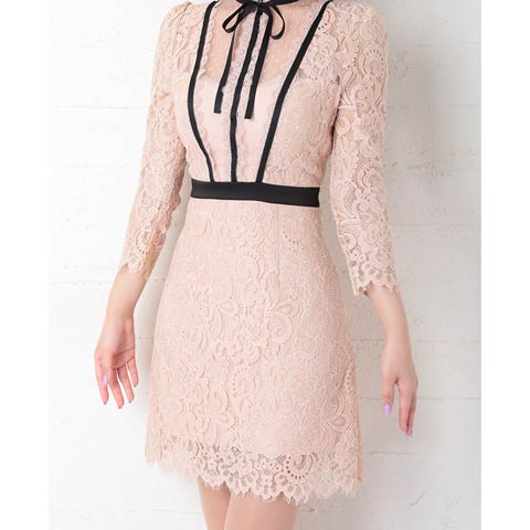 4/2新作!【ポイント20倍】[Andy]ハイネックシアーレースボウタイリボン七分袖タイトミニ丈キャバドレス[AN-OK2631](ベージュ×ブラック-Sサイズ)