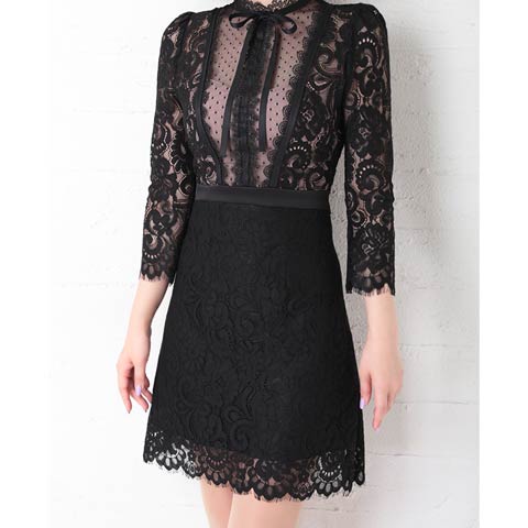 4/2新作!【ポイント20倍】[Andy]ハイネックシアーレースボウタイリボン七分袖タイトミニ丈キャバドレス[AN-OK2631](ブラック×ベージュ-Sサイズ)