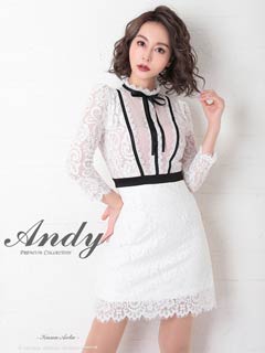 4/2新作!【ポイント20倍】[Andy]ハイネックシアーレースボウタイリボン七分袖タイトミニ丈キャバドレス[AN-OK2631]
