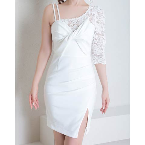 4/2新作!【ポイント20倍】[Andy]フロントリボンアシメフラワーレーススリットタイトミニ丈キャバドレス[AN-ON2763](ホワイト-Sサイズ)