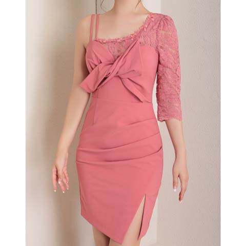 4/2新作!【ポイント20倍】[Andy]フロントリボンアシメフラワーレーススリットタイトミニ丈キャバドレス[AN-ON2763](ピンク-Sサイズ)
