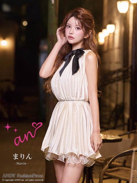 4/2新作!【ポイント20倍】[an]リボンプリーツシフォンチェーンベルト付きAラインミニ丈キャバドレス[AOC-4029]