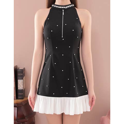 4/2新作!【ポイント20倍】[an]アメスリジップラインストーンビジューAラインミニ丈キャバドレス[AOC-4107](ブラック×ホワイト-XSサイズ)