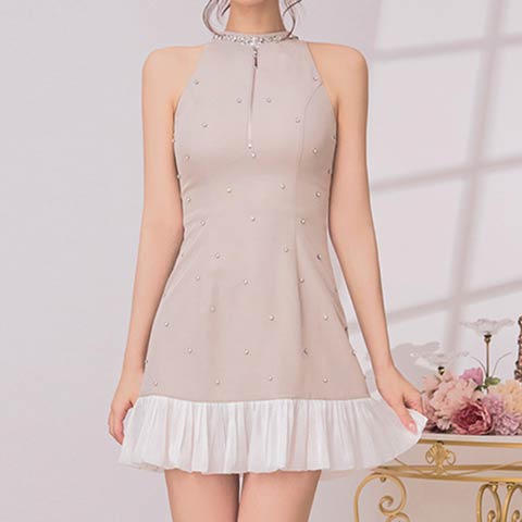 4/2新作!【ポイント20倍】[an]アメスリジップラインストーンビジューAラインミニ丈キャバドレス[AOC-4107](ベージュ×ホワイト-XSサイズ)