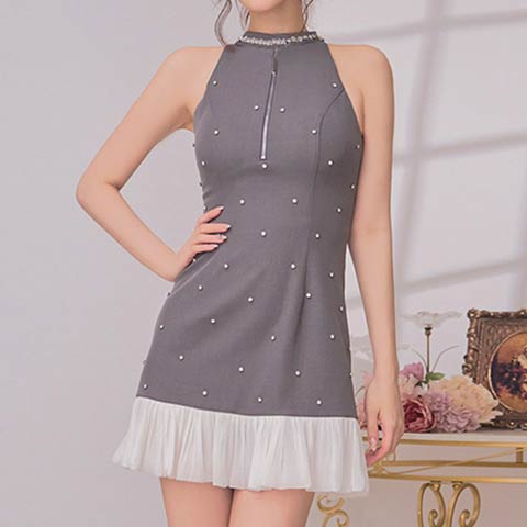 4/2新作!【ポイント20倍】[an]アメスリジップラインストーンビジューAラインミニ丈キャバドレス[AOC-4107](グレー×ホワイト-XSサイズ)