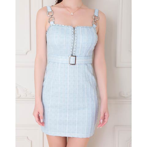 4/9新作!【今だけポイント20倍】[an]フロントジップノースリーブチェーンベルトモチーフタイトミニ丈キャバドレス[AOC-4116](ブルー-XSサイズ)
