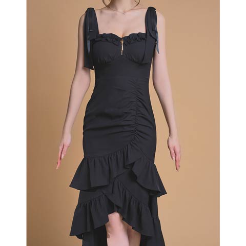 4/13再販!【今だけポイント20倍】[an]ショルダーリボン胸元ジップフリルギャザーマーメイド膝丈キャバドレス[AOC-4117](ブラック-XSサイズ)