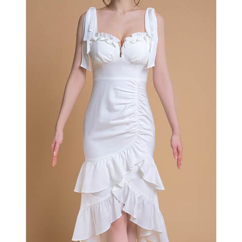 4/13再販!【今だけポイント20倍】[an]ショルダーリボン胸元ジップフリルギャザーマーメイド膝丈キャバドレス[AOC-4117](ホワイト-XSサイズ)