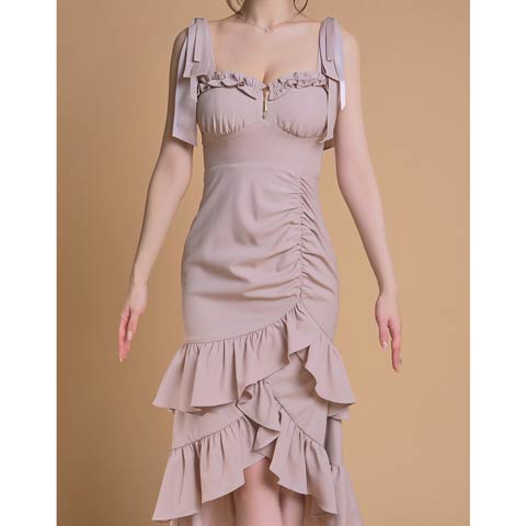 4/13再販!【今だけポイント20倍】[an]ショルダーリボン胸元ジップフリルギャザーマーメイド膝丈キャバドレス[AOC-4117](ベージュ-XSサイズ)