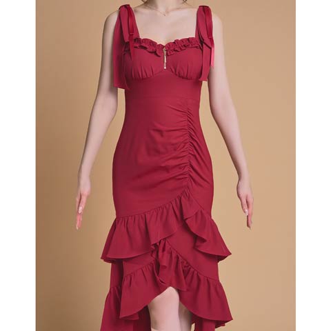 4/13再販!【今だけポイント20倍】[an]ショルダーリボン胸元ジップフリルギャザーマーメイド膝丈キャバドレス[AOC-4117](ワインレッド-XSサイズ)