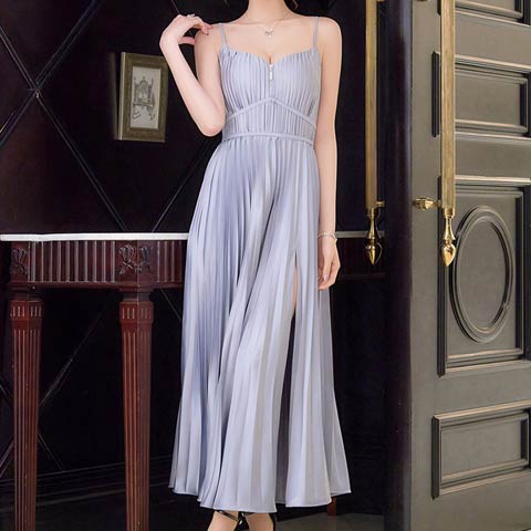 4/9新作!【今だけポイント20倍】[Andy]キャミソールプリーツフロントジップスリットAラインロング丈キャバドレス[AN-ON3065](ブルー-XSサイズ)