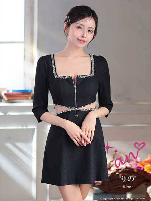 4/13再販!【今だけポイント20倍】[an]フロントジップビジューリボンウエストシアー五分袖Aラインミニ丈キャバドレス[AOC-4090]