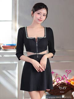 4/13再販!【今だけポイント20倍】[an]フロントジップビジューリボンウエストシアー五分袖Aラインミニ丈キャバドレス[AOC-4090]