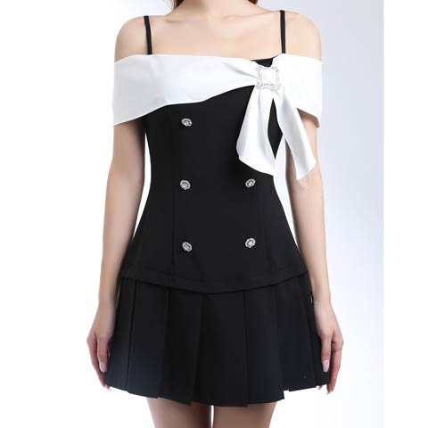 4/9新作!【今だけポイント20倍】[an]オフショルリボンビジューボタンプリーツAラインミニ丈キャバドレス[AOC-4118](ブラック×ホワイト-XSサイズ)