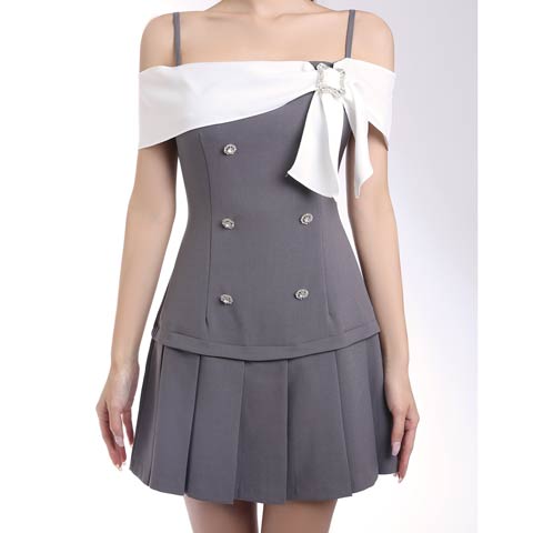 4/9新作!【今だけポイント20倍】[an]オフショルリボンビジューボタンプリーツAラインミニ丈キャバドレス[AOC-4118](グレー×ホワイト-XSサイズ)