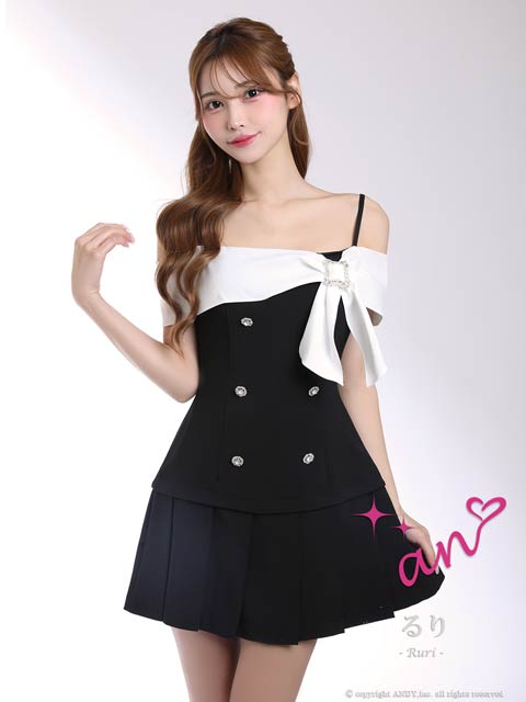 4/9新作!【今だけポイント20倍】[an]オフショルリボンビジューボタンプリーツAラインミニ丈キャバドレス[AOC-4118]