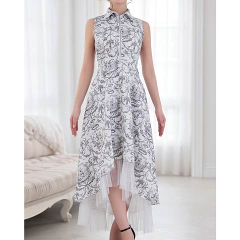 4/9新作!【今だけポイント20倍】[Andy]トワルドジュイ襟付きノースリーブフロントジップAラインロング丈キャバドレス[AN-ON3062](ホワイト×ブラック-XSサイズ)