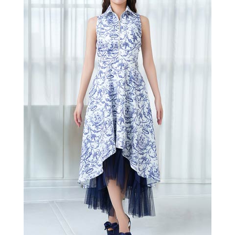 4/9新作!【今だけポイント20倍】[Andy]トワルドジュイ襟付きノースリーブフロントジップAラインロング丈キャバドレス[AN-ON3062](ホワイト×ネイビー-XSサイズ)