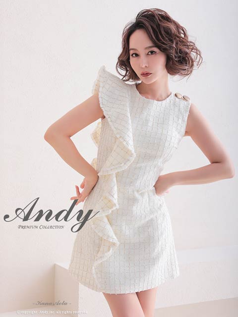 4/9新作!【今だけポイント20倍】[Andy]チェックツイードノースリーブサイドフリルAラインミニ丈キャバドレス[AN-OK2741]