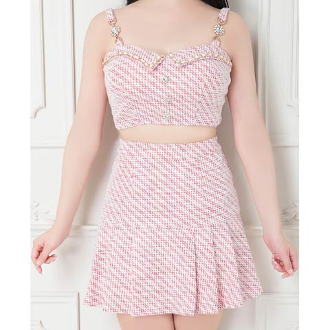 4/9新作!【今だけポイント20倍】[an]キャミソールツイードビジューボタンプリーツAラインミニ丈セットアップ[AOC-3474](レッド-XSサイズ)