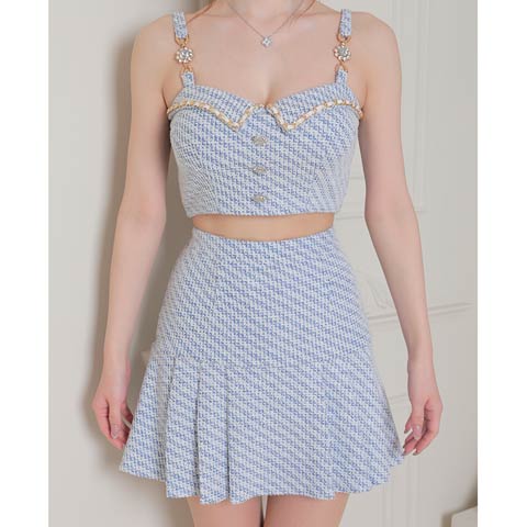 4/9新作!【今だけポイント20倍】[an]キャミソールツイードビジューボタンプリーツAラインミニ丈セットアップ[AOC-3474](ブルー-XSサイズ)