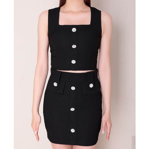 4/9新作!【今だけポイント20倍】[Andy]ノースリーブビジューボタンスクエアネックタイトミニ丈セットアップ[AN-ON2945](ブラック-Sサイズ)