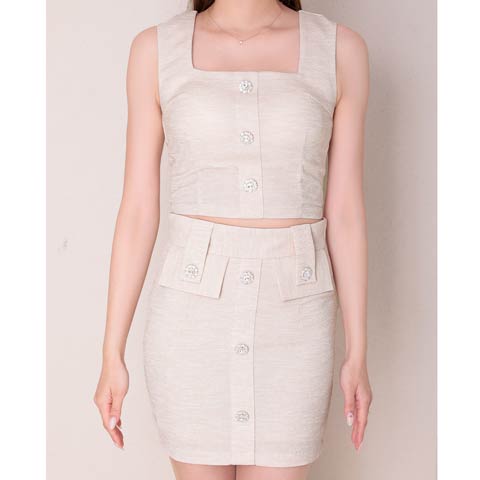 4/9新作!【今だけポイント20倍】[Andy]ノースリーブビジューボタンスクエアネックタイトミニ丈セットアップ[AN-ON2945](ベージュ-Sサイズ)