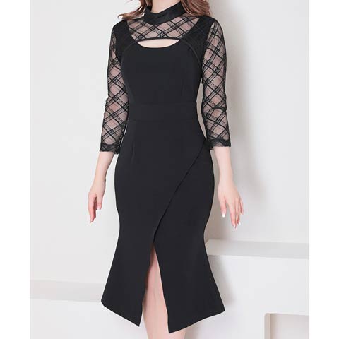4/9新作!【今だけポイント20倍】[Andy]ハイネックシアーチェック柄七分袖スリットマーメイド膝丈キャバドレス[AN-ON2767](ブラック-Sサイズ)