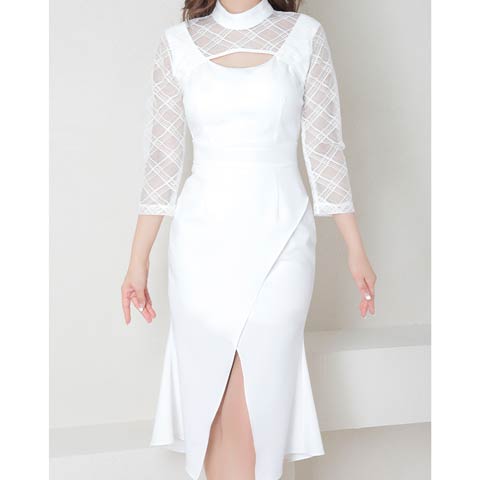 4/9新作!【今だけポイント20倍】[Andy]ハイネックシアーチェック柄七分袖スリットマーメイド膝丈キャバドレス[AN-ON2767](ホワイト-Sサイズ)